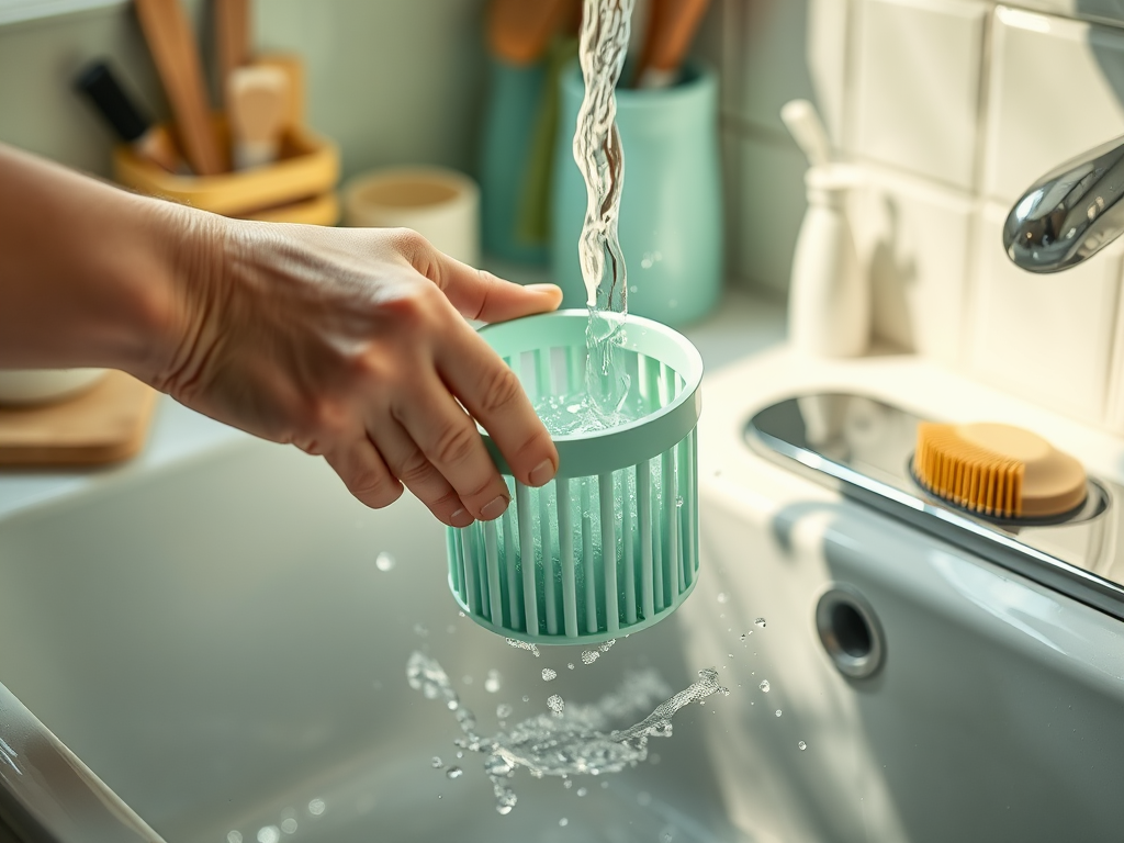 A hand holds a mint green kitchen strainer over a sink, water pouring into it and splashing around.