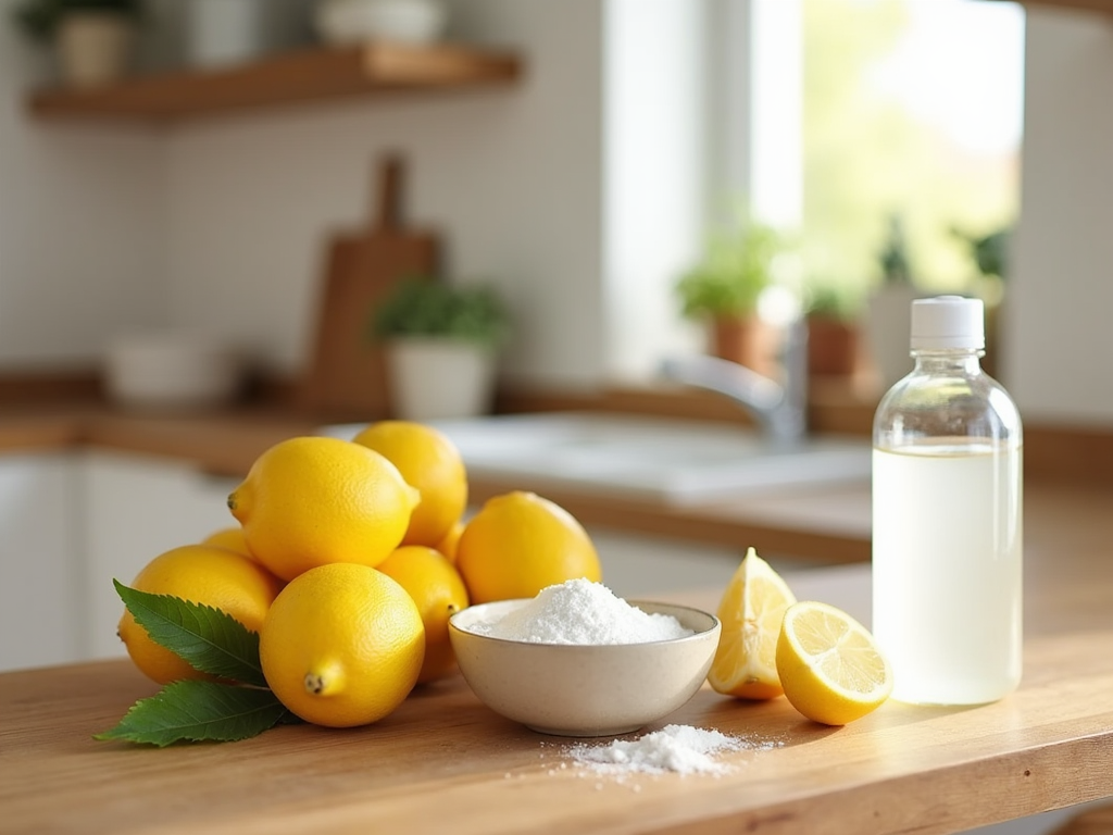 Fresh lemons, a bowl of sugar, and a bottle of lemon juice on a kitchen counter.