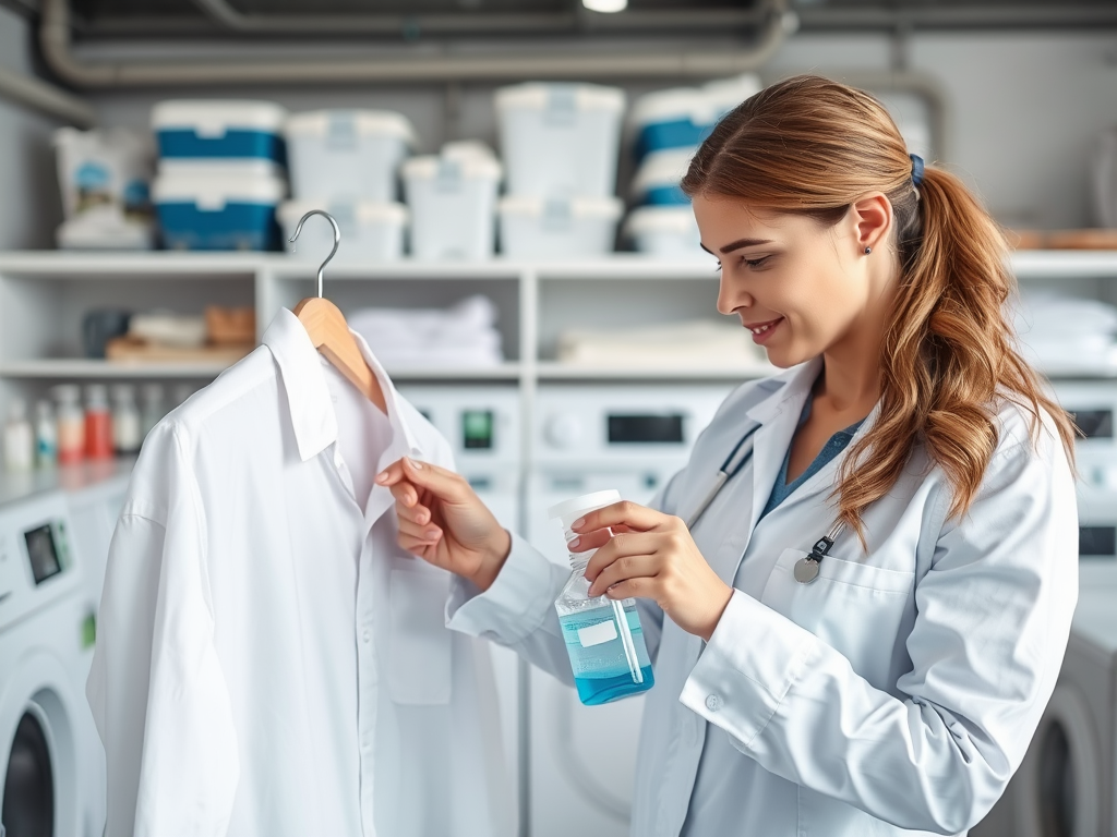 A woman in a lab coat inspects a white shirt while holding a bottle of cleaning solution in a laundry setting.