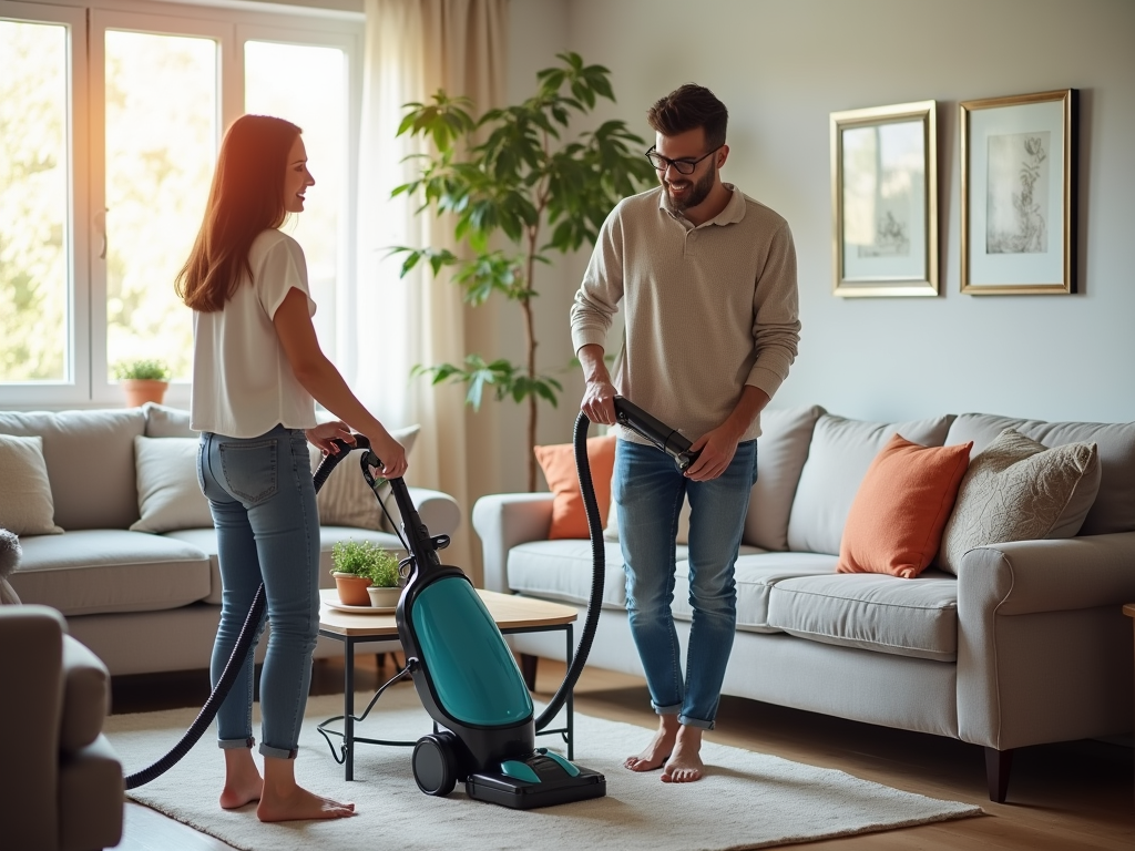 A man and woman happily vacuuming the living room together.