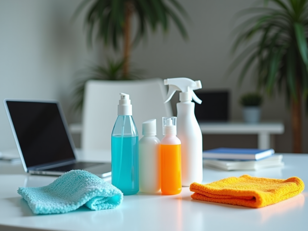 Office desk with cleaning supplies, a laptop, and colorful microfiber cloths in a bright workspace.