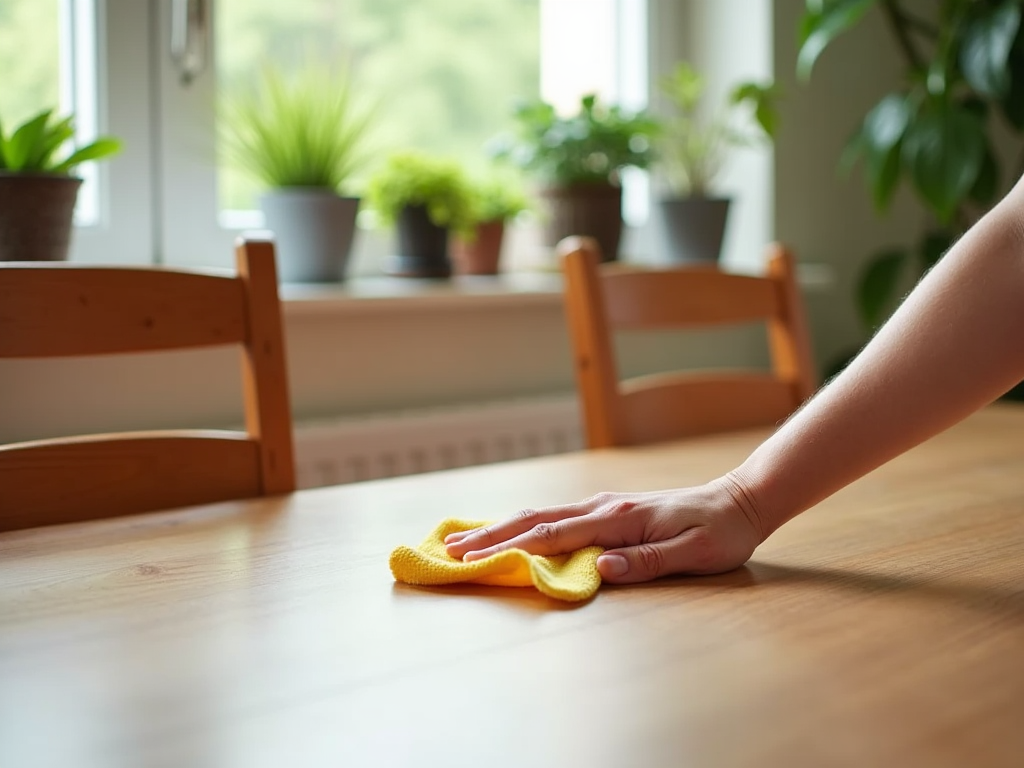 Hand cleaning a wooden table with a yellow cloth, potted plants in the background near a window.