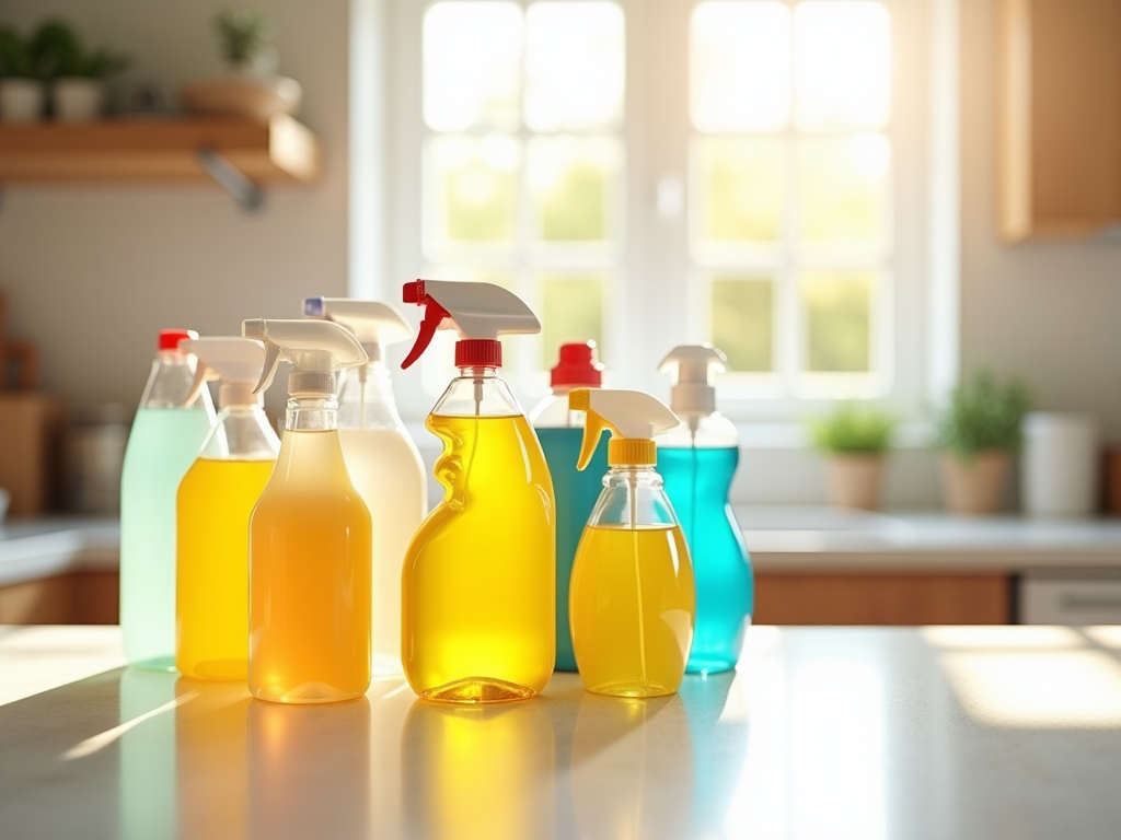 Various colorful cleaning spray bottles on a sunny kitchen counter.