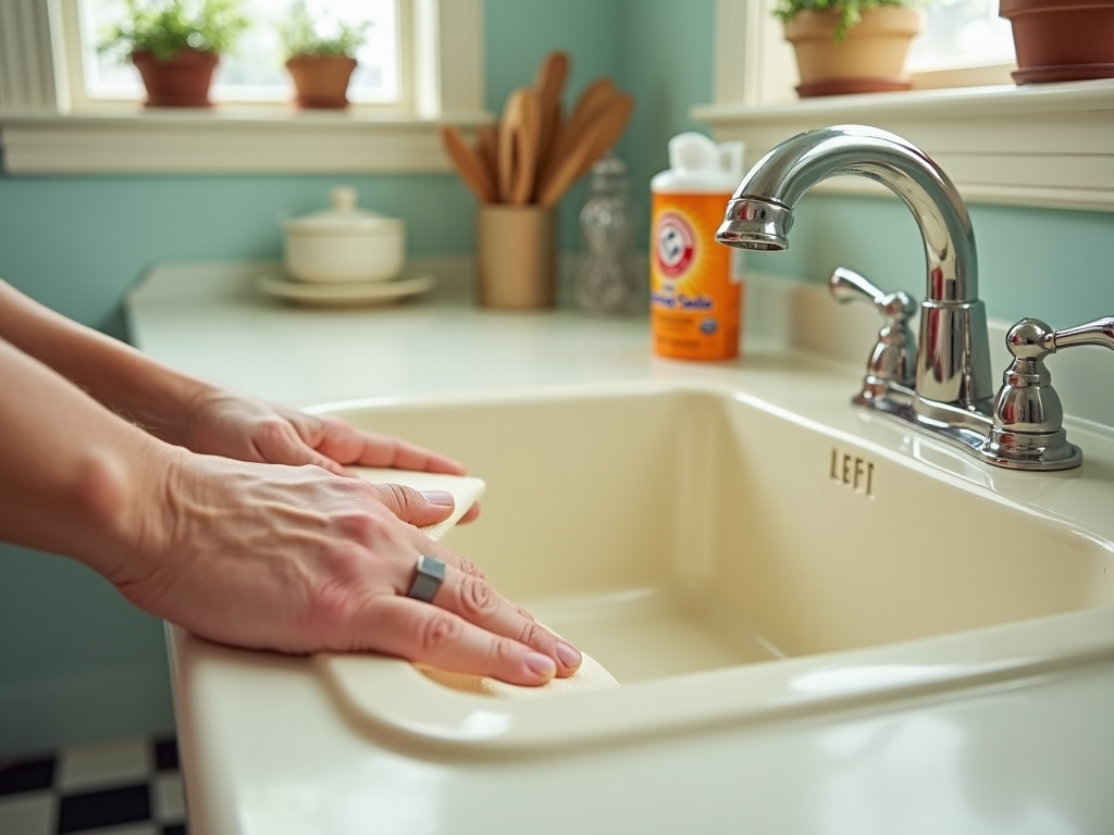 Hands wiping a kitchen sink with a cloth, beside a can of cleaner, in a bright teal kitchen.