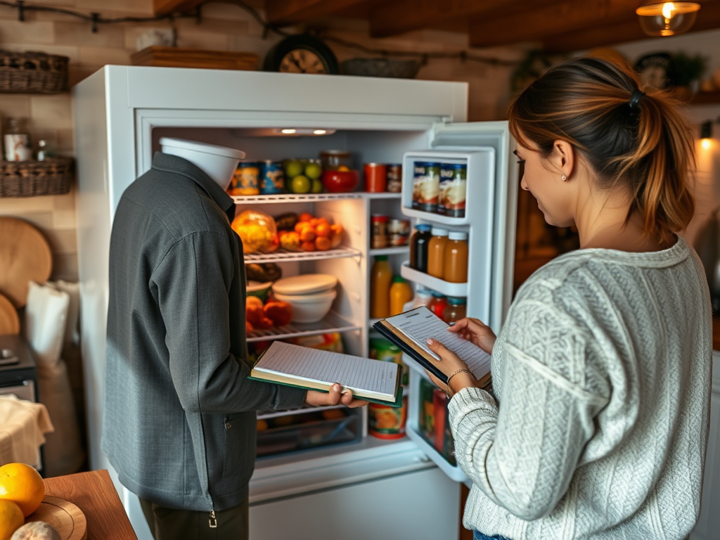 A woman checks her grocery list while a figure in a jacket stands by an open fridge full of food and drinks.