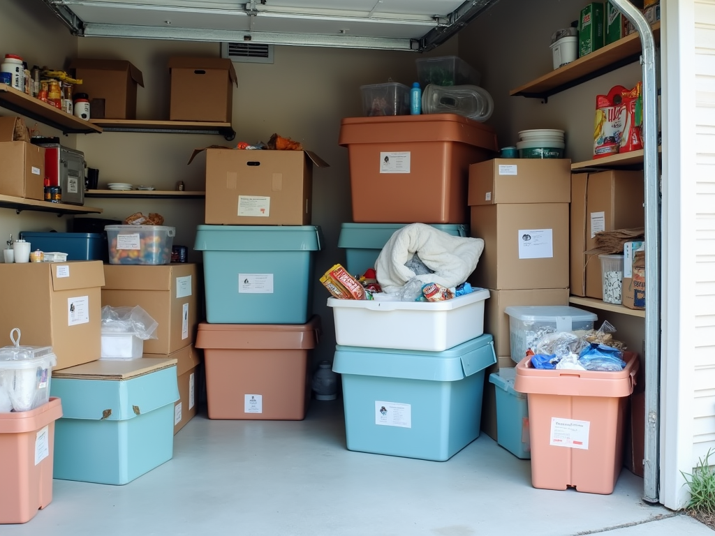 A cluttered garage filled with various boxes and plastic storage bins, some with labels, under shelves with items.