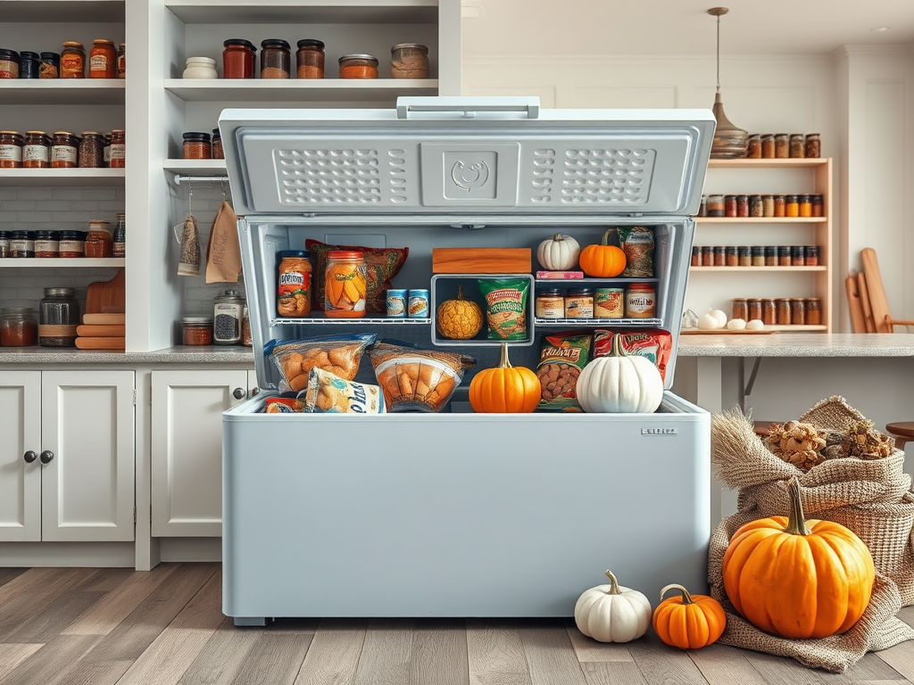 A chest freezer filled with food, pumpkins, and jars, set in a cozy kitchen with shelves of spices.