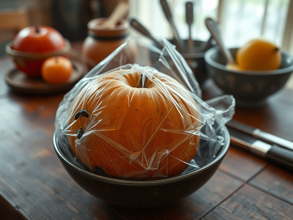 A partially wrapped pumpkin sits in a bowl, surrounded by other fruits and kitchen utensils in a cozy setting.