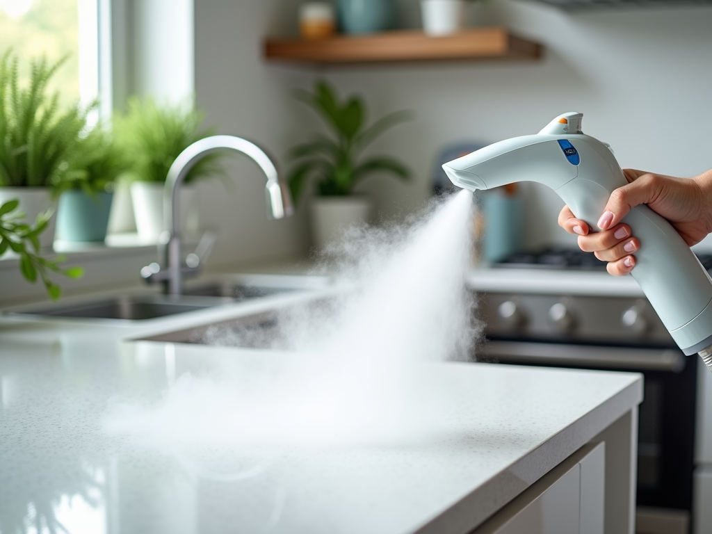 Hand holding a steam cleaner spraying on a kitchen counter with a plant-filled background.