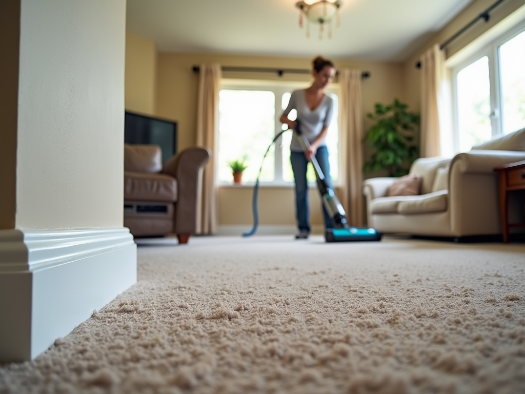 Woman vacuuming a carpet in a well-lit living room with a focus on the foreground.