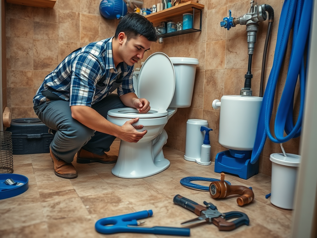 A man crouches near a toilet, adjusting it with tools scattered around on the tiled floor of a bathroom.