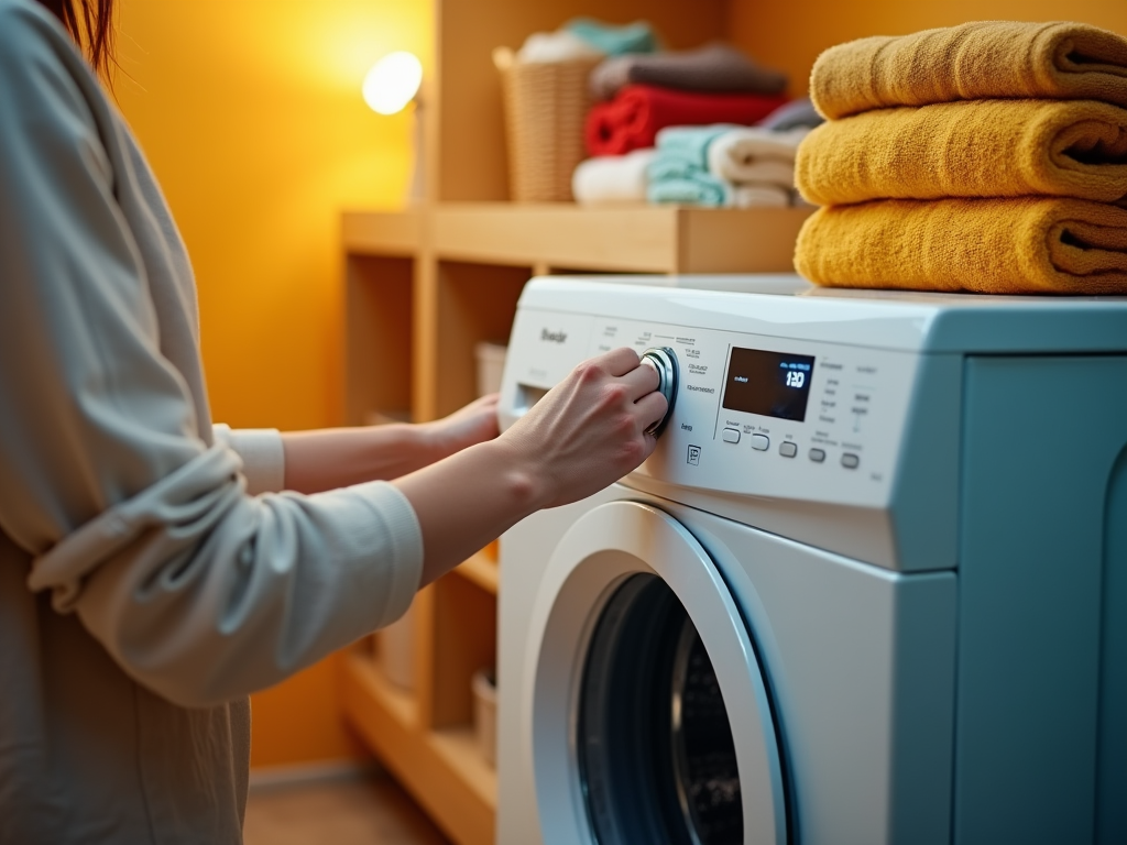 Woman setting a washing machine in a warmly lit laundry room.