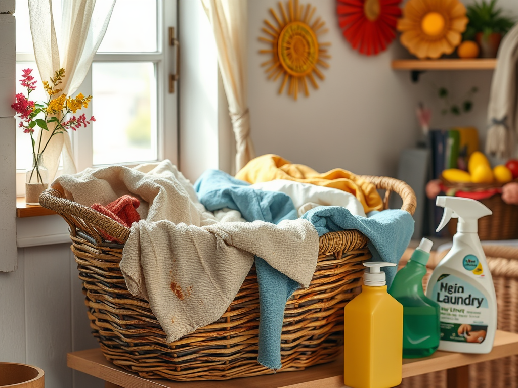 A laundry basket filled with colorful clothes sits beside cleaning supplies in a bright, cozy room.