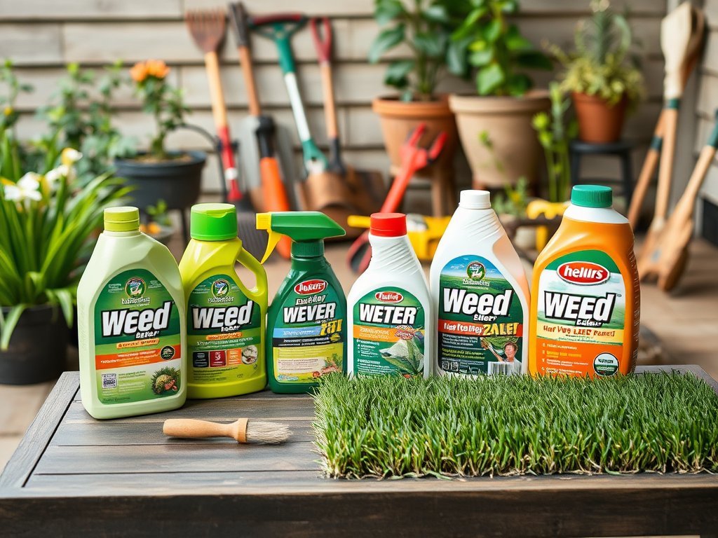 Six bottles of weed control products on a wooden table, surrounded by plants and gardening tools.