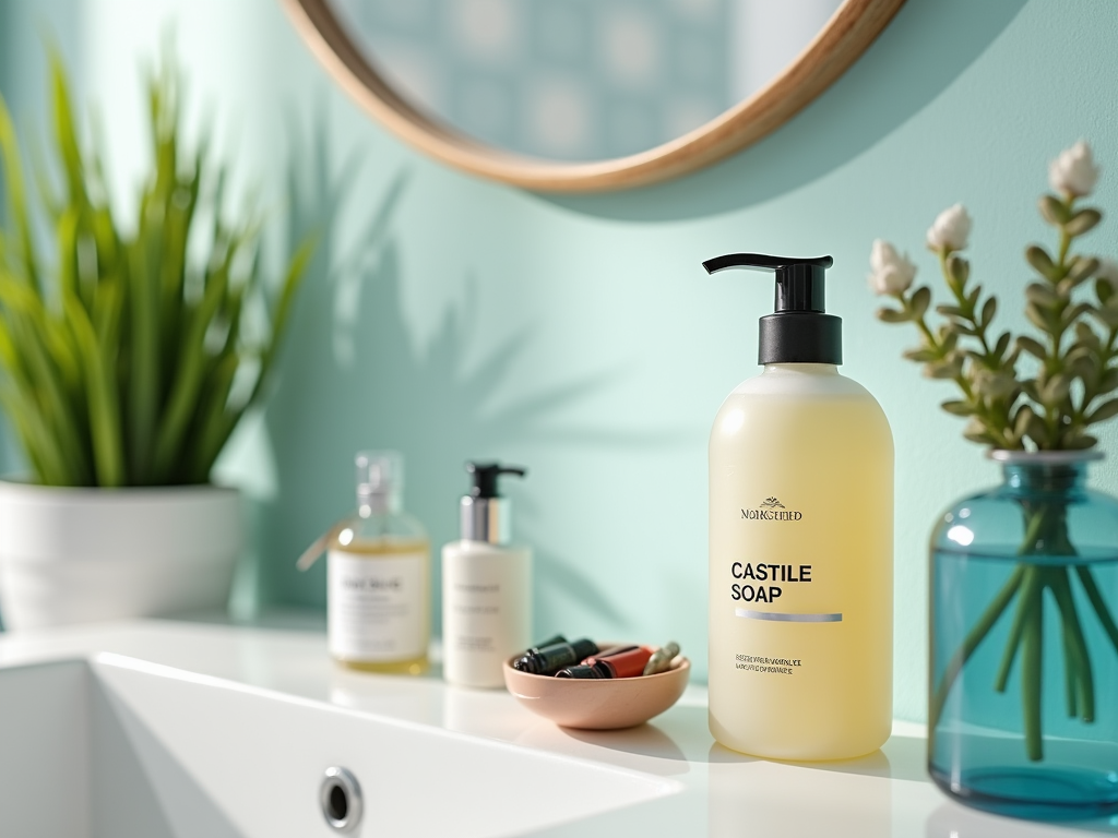 Soap dispenser and other toiletries on a modern bathroom counter.