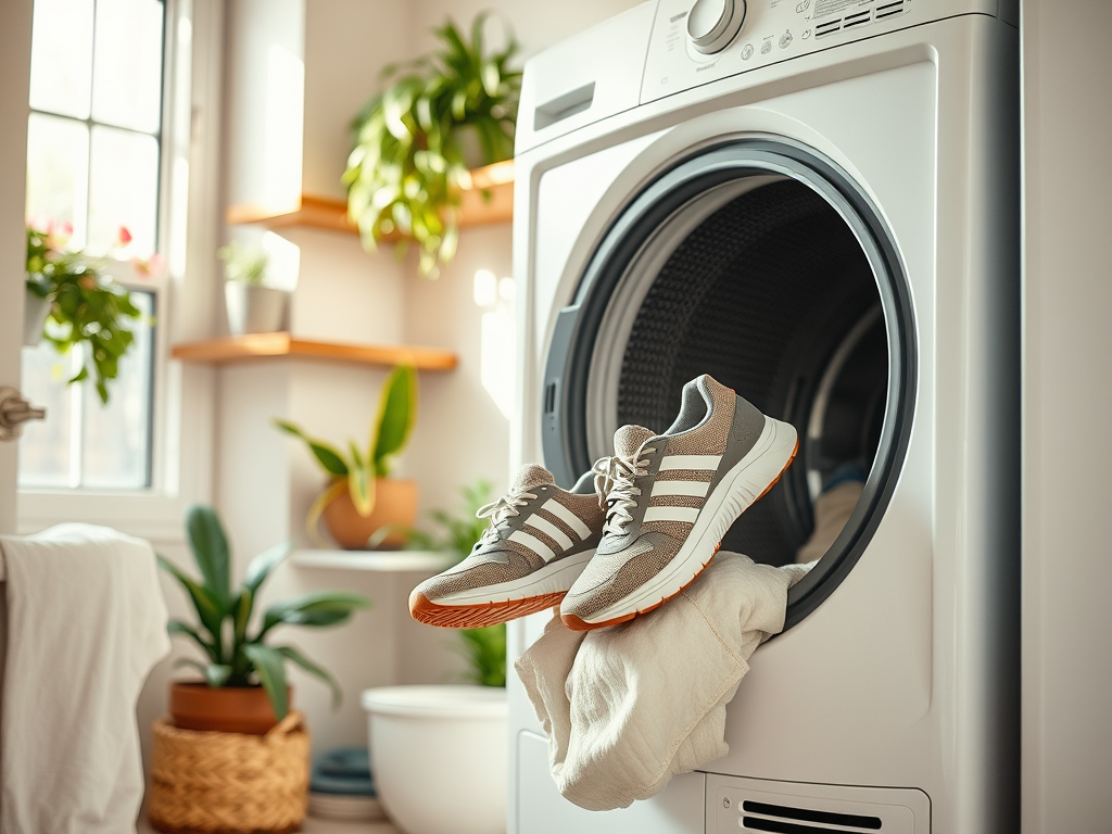 A pair of sneakers rests on a white cloth draped over a washing machine in a bright, plant-filled laundry room.