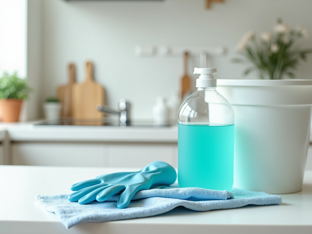 Bottle of blue cleaning liquid, blue gloves, and cloth on a kitchen counter with blurred background.