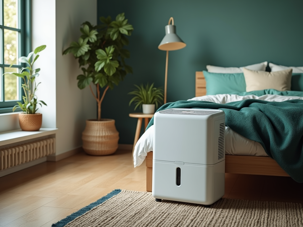 Cozy bedroom with a dehumidifier at the foot of the bed, surrounded by plants and soft lighting.