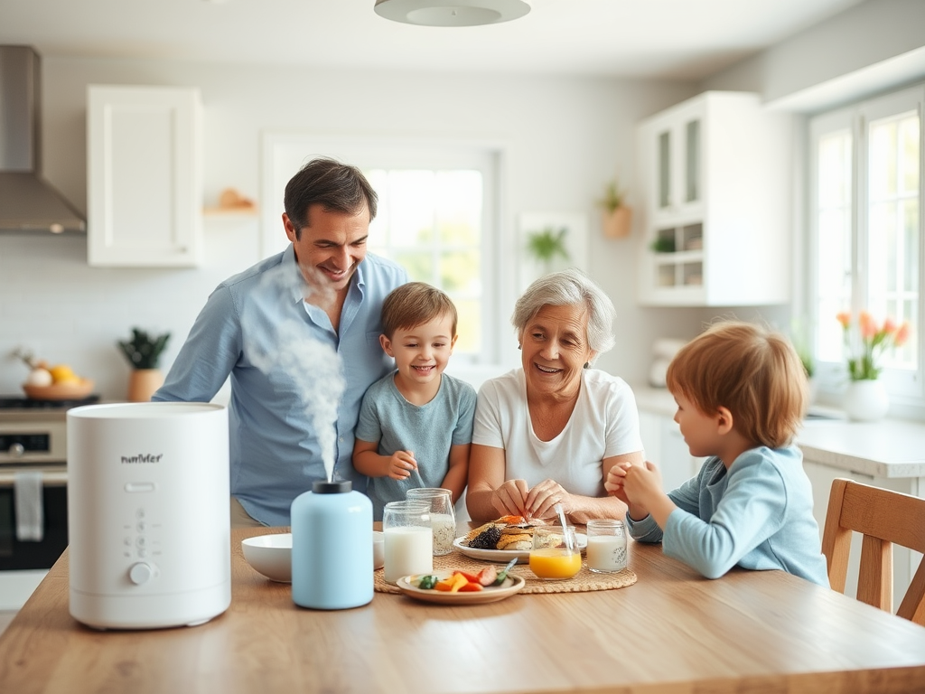 A family enjoys breakfast together, smiling and laughing around the table in a bright kitchen.