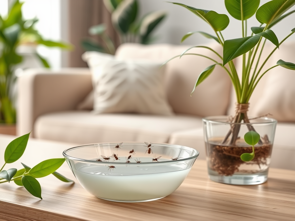 A glass bowl with water and several small insects sits on a wooden table, next to a potted plant in a clear container.