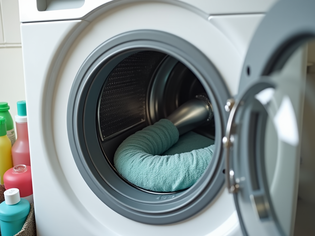 Open washing machine with a green towel inside surrounded by various detergent bottles.