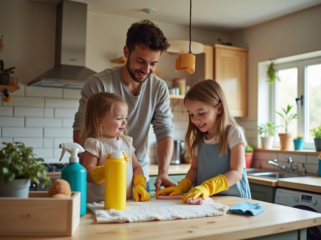 Father and two young daughters cleaning kitchen together, smiling and having fun.