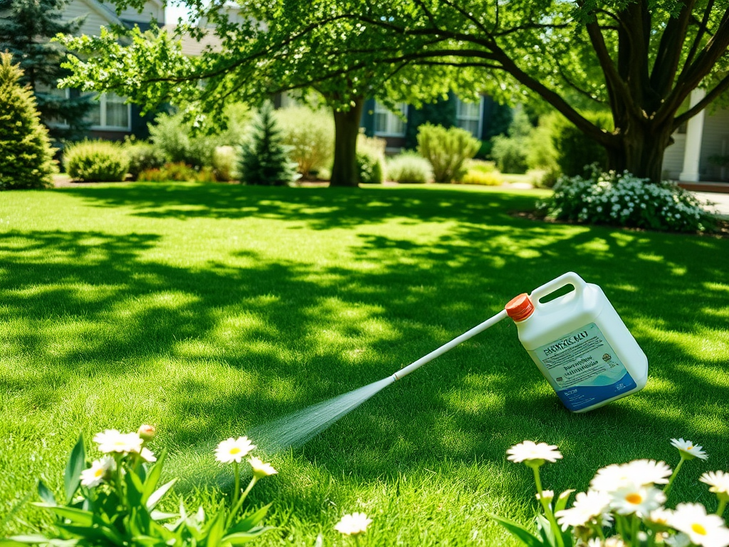 A lawn sprayer is positioned on a lush green lawn, surrounded by blooming flowers and shaded by trees.