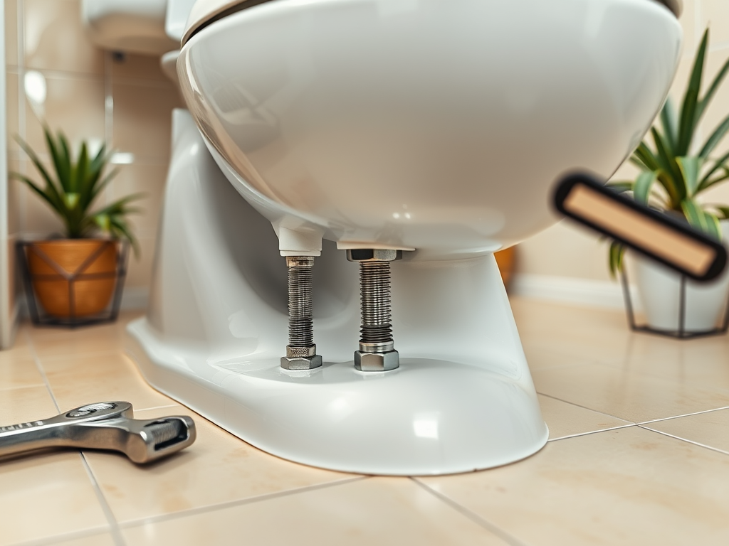 A close-up of a toilet base with visible bolts and a wrench on the tiled floor, surrounded by potted plants.