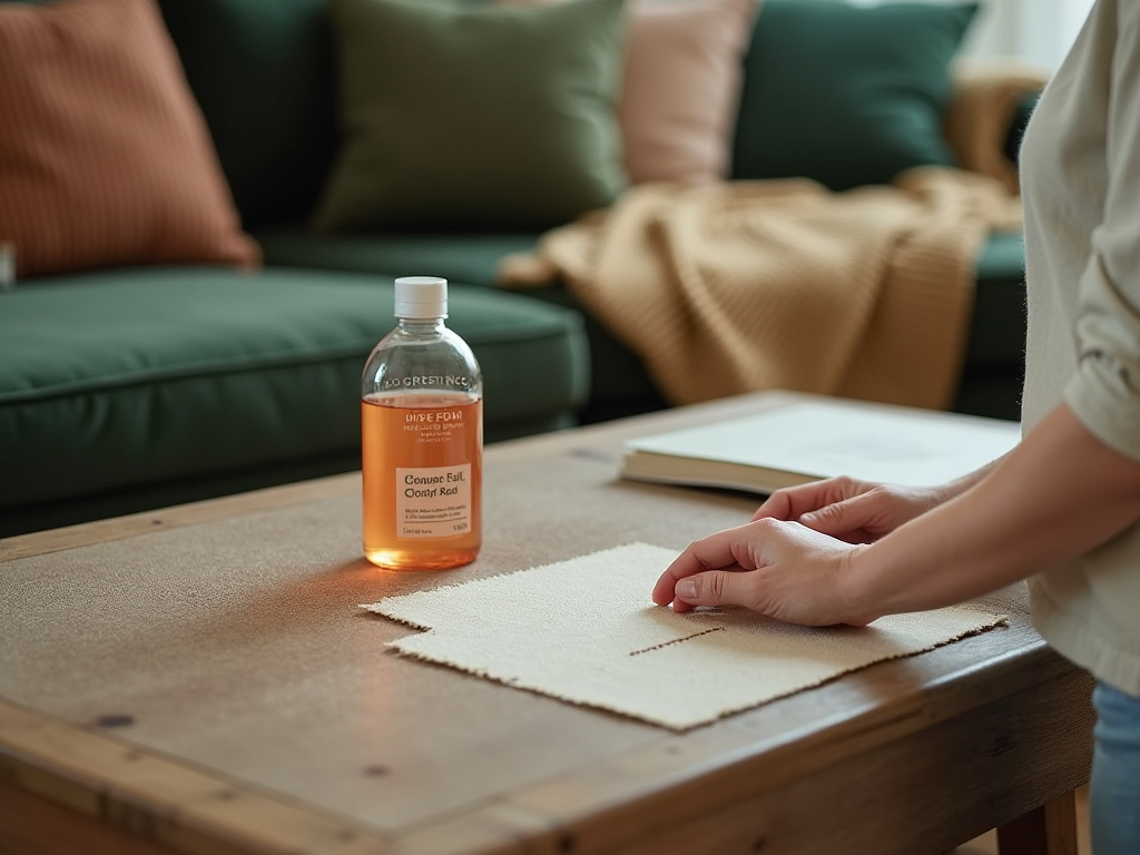 Person with a sample book by a wooden table, orange-colored liquid bottle in foreground.