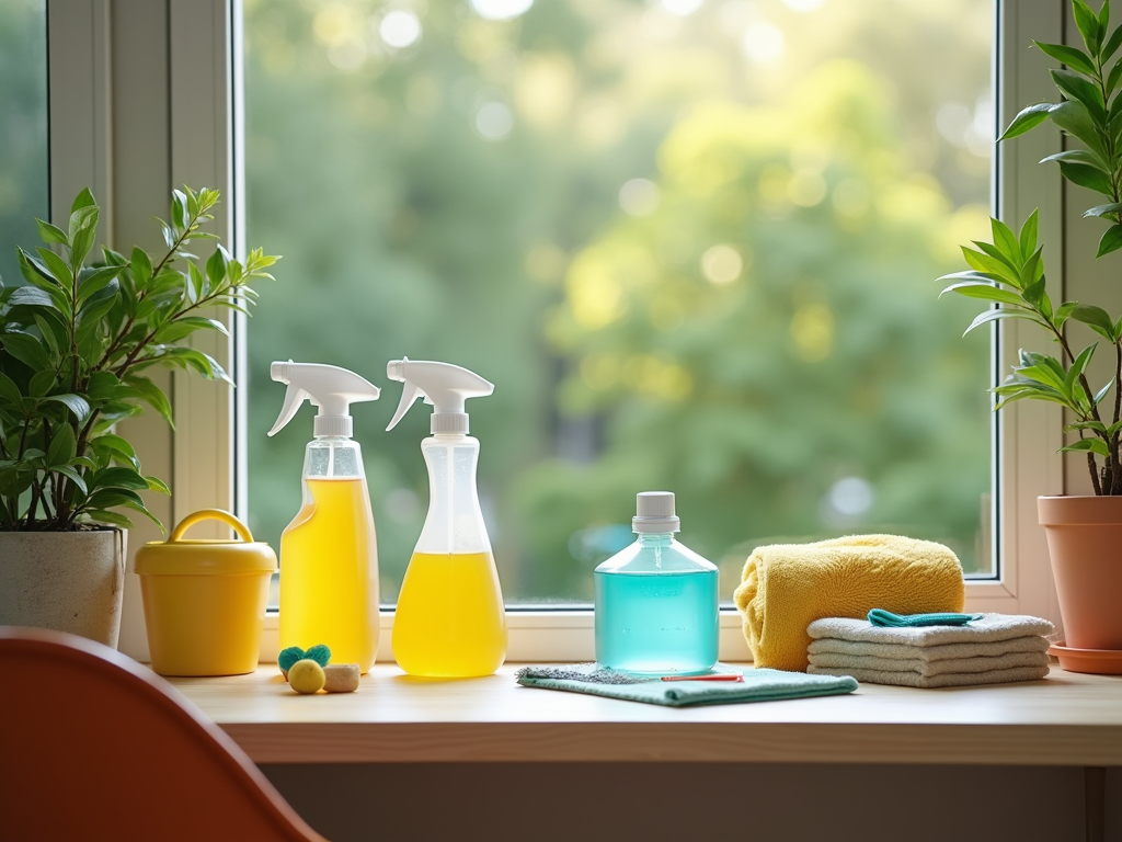 Cleaning supplies and houseplants on a sunny windowsill.